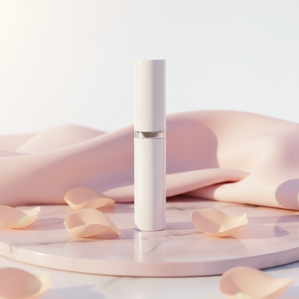 Premium lip gloss tube on pink marble with rose petals
