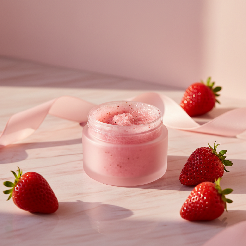 Pink lip scrub jar on marble surface with strawberries and pink silk ribbon